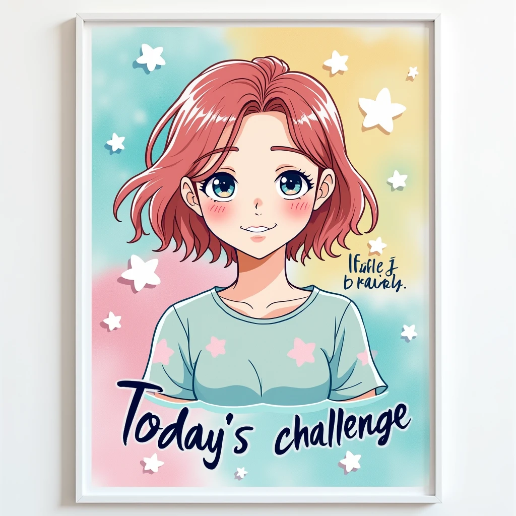 Poster art. A poster with the words "Sea art:Today's challenge". Pastel colors, Girl written on the poster.smile,