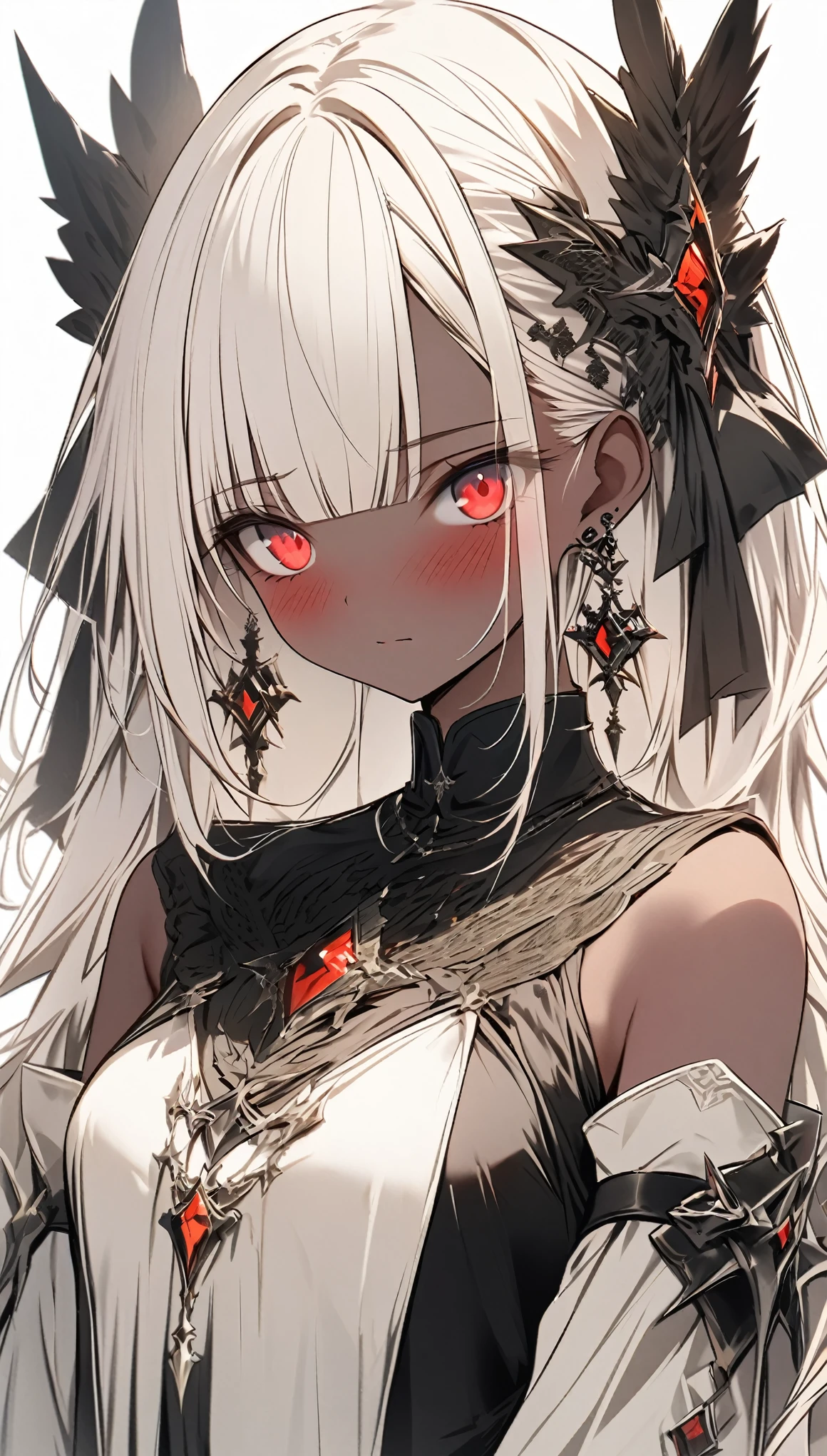 {best quality}, {{masterpiece}}, {high resolution}, Very meticulous girl, alone, sharp focus, {{{{{{{{White background}}}}}}}}, {{{Features{{{1 girl}}}}}}, alone, permanent, faint smile, closure Mouth, Beautiful and delicate eyes, {{{{{sharp focus}}}}}, {{{{{masterpiece Features design reference sheet}}}}},ahog, amco, blunt bangs, blush, bride_handguard, Capulet, closure_Mouth, Detached sleeves, earrings, black Capulet, {{{white hair}}}, hair accessories, high resolution, jewelry, looking at the audience, very long hair, simple background, alone, {{{{{whole body}}}}}, red eyes, White background, crystal eyes, {{{gold trim}}}, {{{very dark skin}}}, small breasts, short skirt, Final Fantasy 14, legs focus