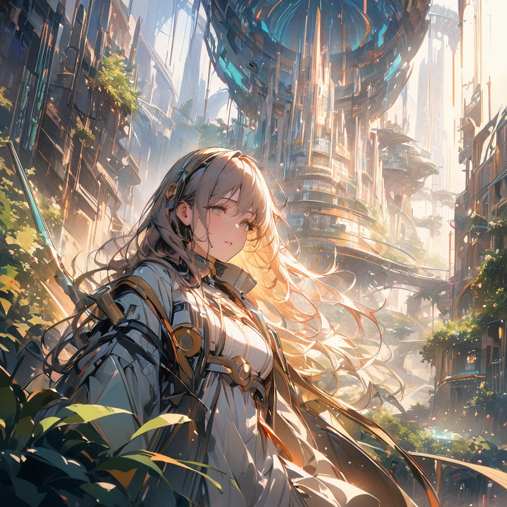 masterpiece,最high quality,Very detailed,High resolution backgrounds,8k,there is nothing,high quality,break,japanese manga style, sketch, Watercolor Colors,A bright and hopeful futuristic cityscape shining in neon and brass tones. In the foreground, a mix of neon and warm sunlight, a strong, realistic-looking woman with a vintage microphone sings. Surrounding her are symbols of unity and strength like rising steam, notes, melodies, music, and staves. In the background, greenery flourishes between futuristic structures, conveying hope and optimism for the future.