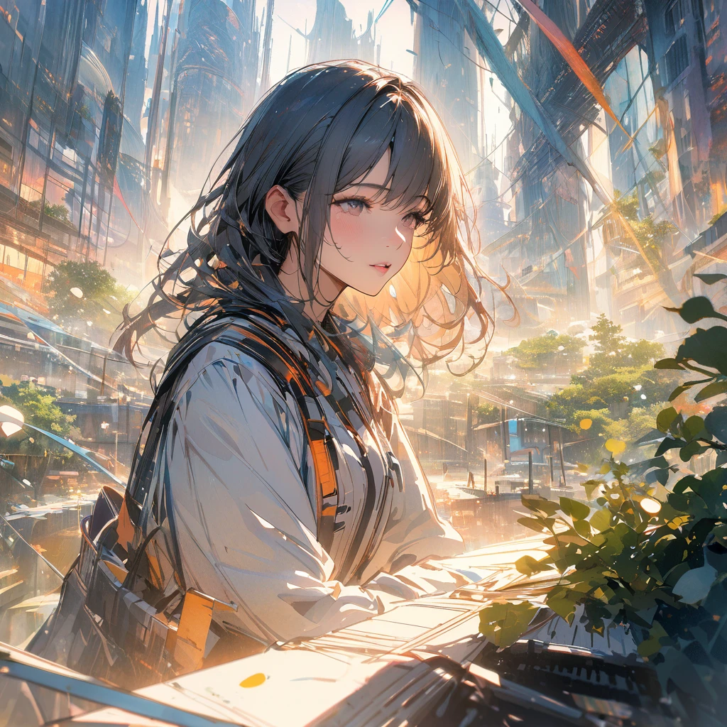masterpiece,最high quality,Very detailed,High resolution backgrounds,8k,there is nothing,high quality,break,japanese manga style, sketch, Watercolor Colors,A bright and hopeful futuristic cityscape shining in neon and brass tones. In the foreground, a mix of neon and warm sunlight, a strong, realistic-looking woman with a vintage microphone sings. Surrounding her are symbols of unity and strength like rising steam, notes, melodies, music, and staves. In the background, greenery flourishes between futuristic structures, conveying hope and optimism for the future.