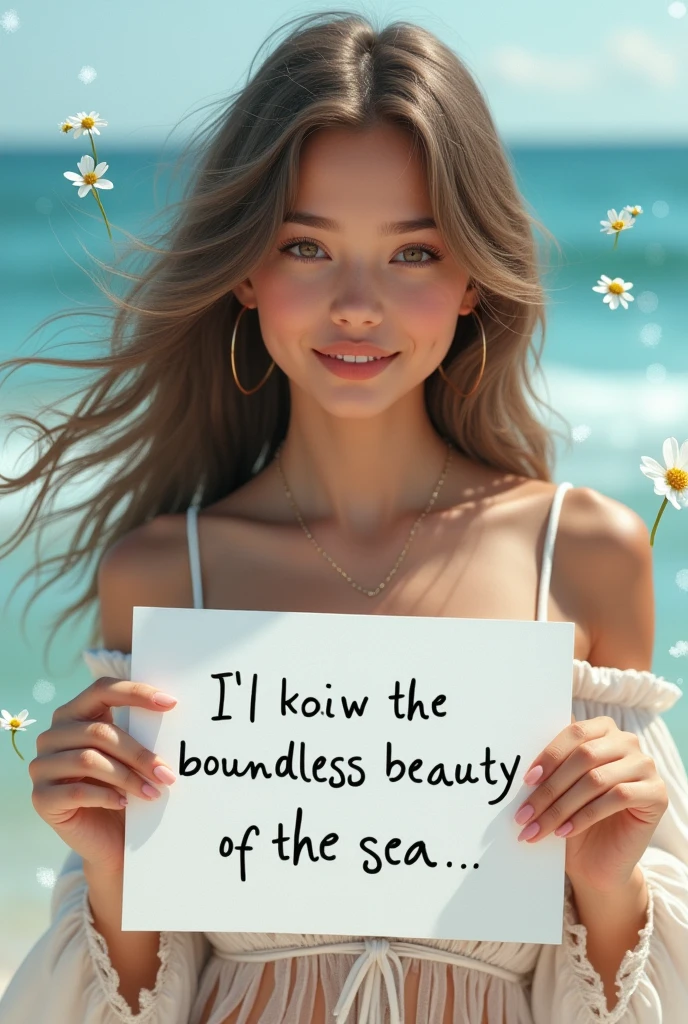 Beautiful girl with wavy long hair, bohemian dress, holding a white board with text "I Love Seaart Infinity" and showing it to the viewer