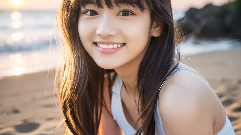 A very cute face like an idol、Looks like a young face、18-year-old female、Gentle and cute、A kind smile、Flat chest、White bikini swimsuit、Medium-long hair、looking at the camera、Beach with beautiful sunset、(cheers),Natural light、whole body、SLlm Camera、RAW Photos、Genuine、Live Action、(Artistry)、Artistic Expression、Real Stick、High resolution、masterpiece