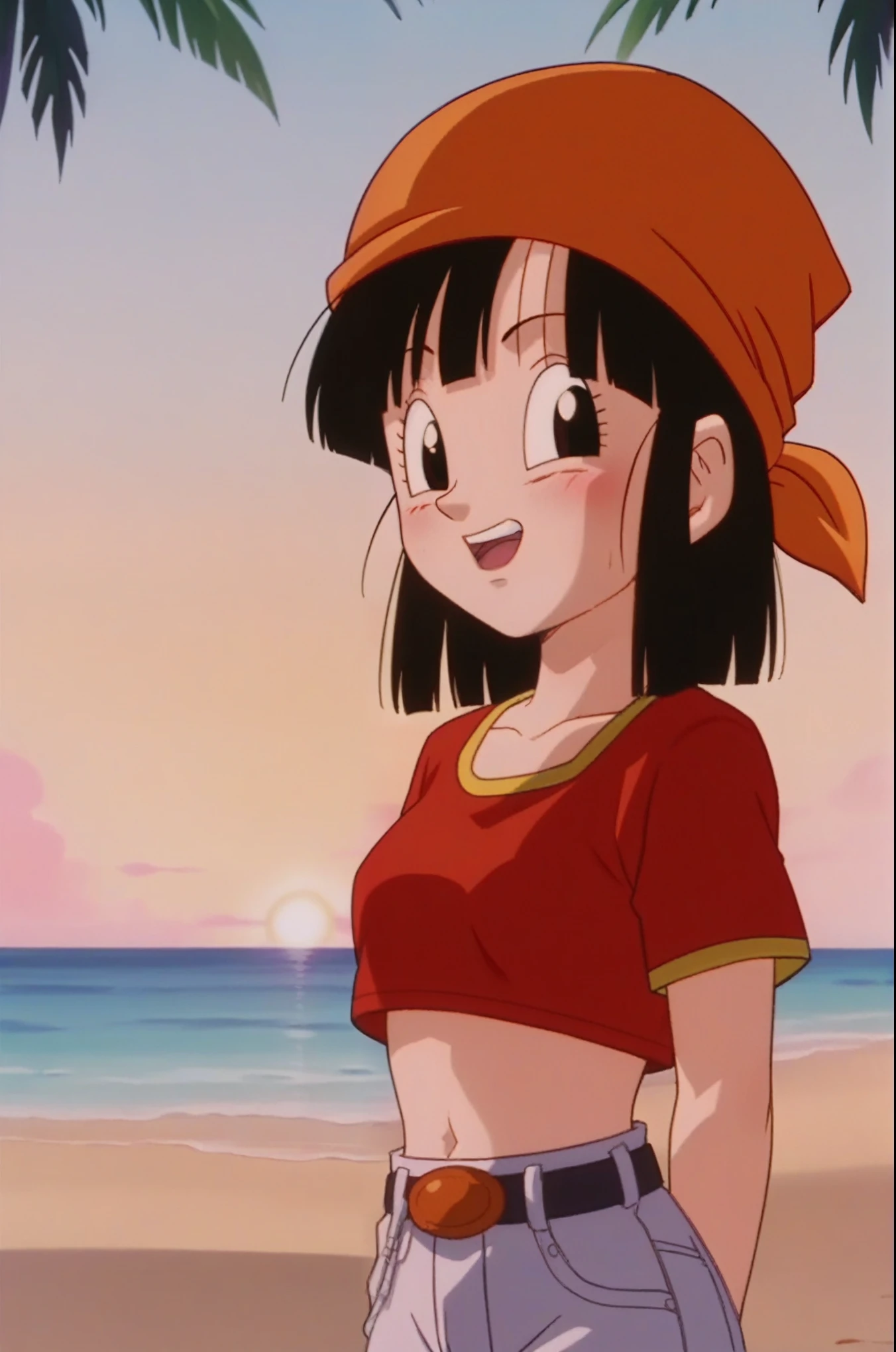 source_anime, score_9, score_8_up, score_7_up, anime screencap,
pangt, 1girl, bangs, blushing, sexy face, grass, black hair, sunset, Watching the sunset, beach in open sea sunset, sun, collarbone, whole body, teeth, blunt bangs, outdoors, black eyes, eyelashes, upper teeth only, red crop top, bandana, retro artstyle, , 1990s \(style\), orange headwear, melancholic, thoughtful, hand on the chin, medium ass, breasts, sexy body
