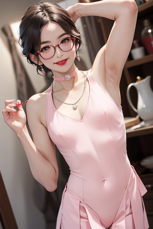Beautiful and mature 55 year old Japanese woman, Married women, Fine Lines, Long eyelashes, Shining Eyes, Short Bob, (choker), (Bright red lipstick), Wearing glasses, elegant, Slim figure, Pink Cheeks, Pearl Necklace, Earrings, Cute Smile, ((Light pink leotard with skirt)), Small breasts, Small breasts, Flat Chest, (Armpit), Browsing Caution, (Highest quality,4K,8k,High resolution,masterpiece:1.2),