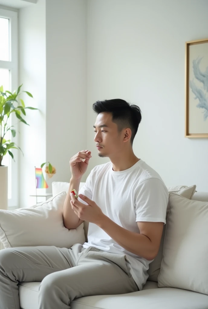 A 35-year-old Asian male, identified as LGBTQ, is sitting in a modern, minimalist living room. He is taking medication in a calm and composed manner. The room is styled predominantly in white tones, with soft, natural lighting. The environment is clean and minimal, featuring subtle LGBTQ symbols, such as a small pride flag or rainbow-themed accessories, integrated tastefully into the décor.