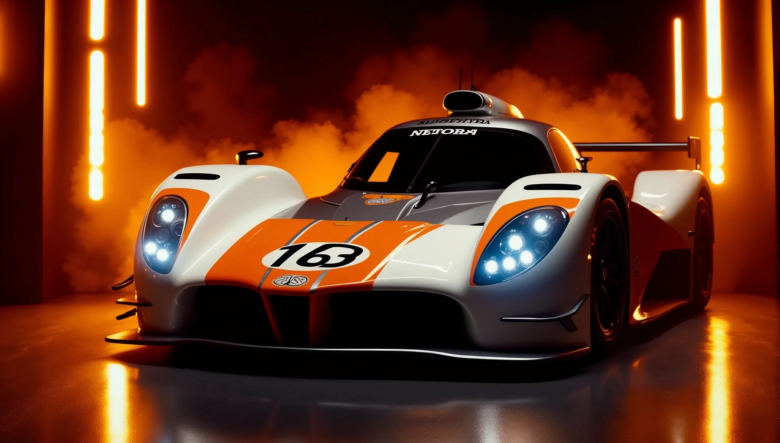 In a dimly lit, neon-lit room at night, an orange and white race car gleams with precision, its sleek lines and curves rendered in stunning detail. The high-definition digital art captures every subtle texture and reflection, as if the viewer is gazing directly at the real thing. In 4K clarity, the octane-rendered image shines like a beacon, with intricate details and lighting effects that seem to pulse with energy, retina, accurate, masterpiece, super detail, high details, best quality, award winning, highres, HD, 4K, 8k, 16k, retina, accurate, masterpiece, anatomically correct, textured skin, super detail, high quality, award winning, highres, 8k, 16k