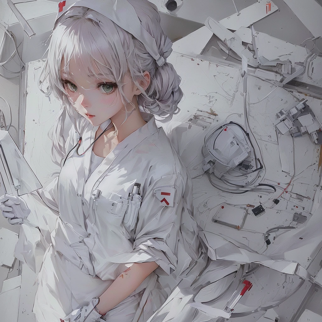 Anime girl in white uniform holding knife and knife, Zero-chan art, nurse girl, Wearing a white coat, Beautiful and detailed anime art, Zero-chan, Gwaiz, Dirty laboratory, Gwaiz on Pixiv artstation, Beautiful anime art, doctor, (doctor), Pixiv, nurse, wearing a white coat and blouse, In the lab