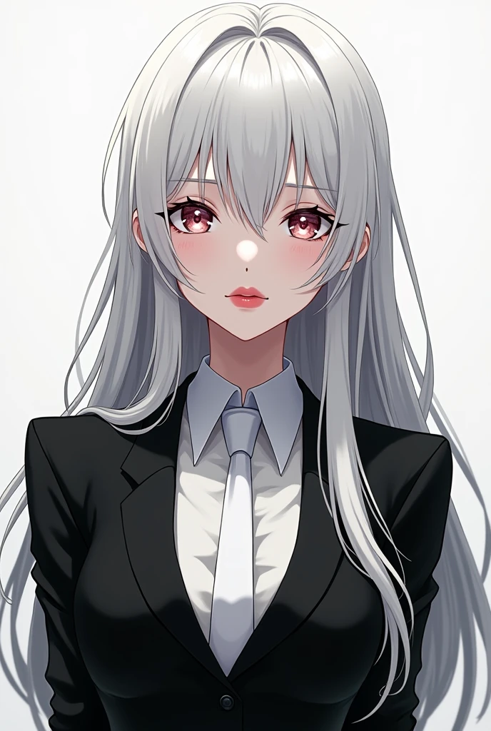 Anime a woman with long white hair albino eyes pale skin red lips wearing a black suit with a white tie thin face breasts more or less