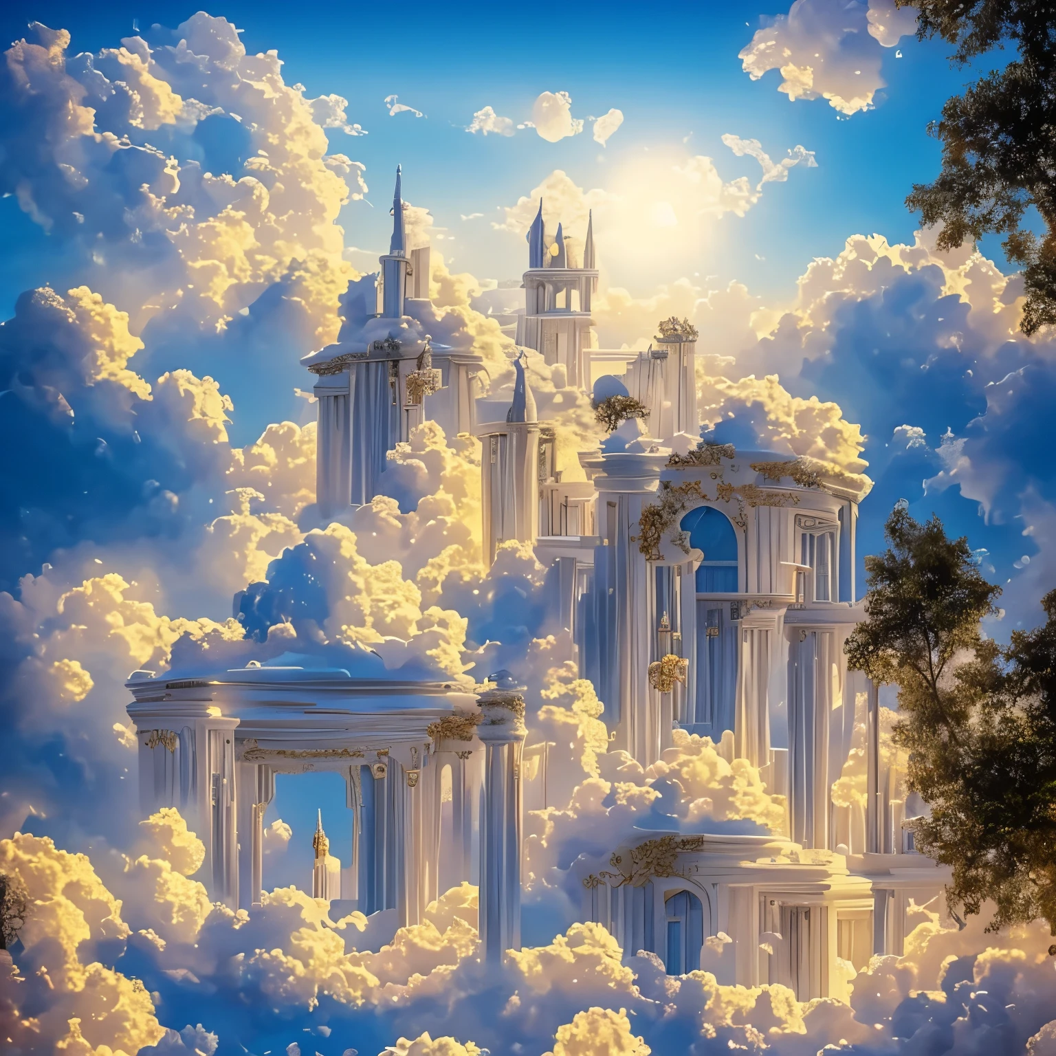Cloud World, Angels flying around, Majestic gates and columns, sun, Moon and stars, in the sky, 
masterpiece, best quality, Ultra Detailed, 
Sidon, Sidon style
(lifelike), Extremely exquisite and beautiful, Depth of Field, Film Grain, Professional lighting, 
Photon Mapping, Radiosity, Physically Based Rendering,