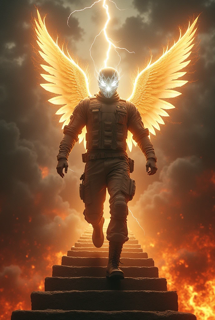 Modern United states Army Soldier with a gold light emitting from his holy white mask with lightning in his eyes and wings on his back going into hell using stairs with a glowing white rope in the sky from heaven attatched to him