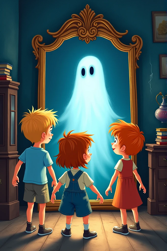 Make a cartoon book cover with the title, ghost in the mirror with 3 children two boys and a girl 