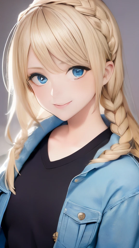 ChristiaAOT, 1girl, solo, christa renz, smile, hair between eyes, Blue eyes, blonde hair, jacket, medium hair,