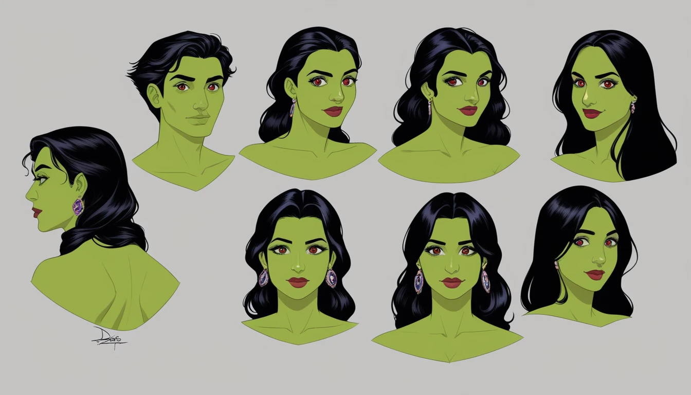 desiree from danny phantom, mature female, arab, indian, arabic, hindi, hindu, long black hair, red eyes, green skin, thick lips, femme fatale, lipstick, classic indian beauty, classic arabic beauty, beautiful, detailed face, photorealistic, colored skin, detailed face, detailed eyes, ultra-detailed, multiple views, multiple heads, head turnaround, upper body, bust turnaround, facing the right, facing the left,s een from the front, front view, 3/4 front view, side view, profile view, side profile view, 3/4 side view, back view, high detail, high quality, uhd, 8k, Score_9, score_8_up