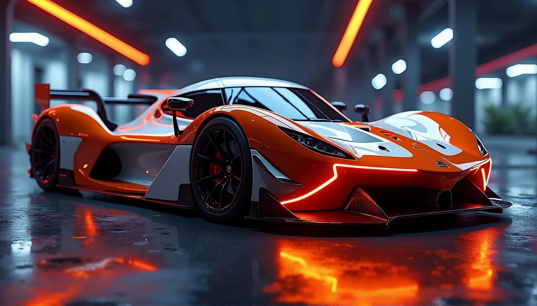 In a dimly lit, neon-lit room at night, an orange and white race car gleams with precision, its sleek lines and curves rendered in stunning detail. The high-definition digital art captures every subtle texture and reflection, as if the viewer is gazing directly at the real thing. In 4K clarity, the octane-rendered image shines like a beacon, with intricate details and lighting effects that seem to pulse with energy, retina, accurate, masterpiece, super detail, high details, best quality, award winning, highres, HD, 4K, 8k, 16k, retina, accurate, masterpiece, anatomically correct, textured skin, super detail, high quality, award winning, highres, 8k, 16k