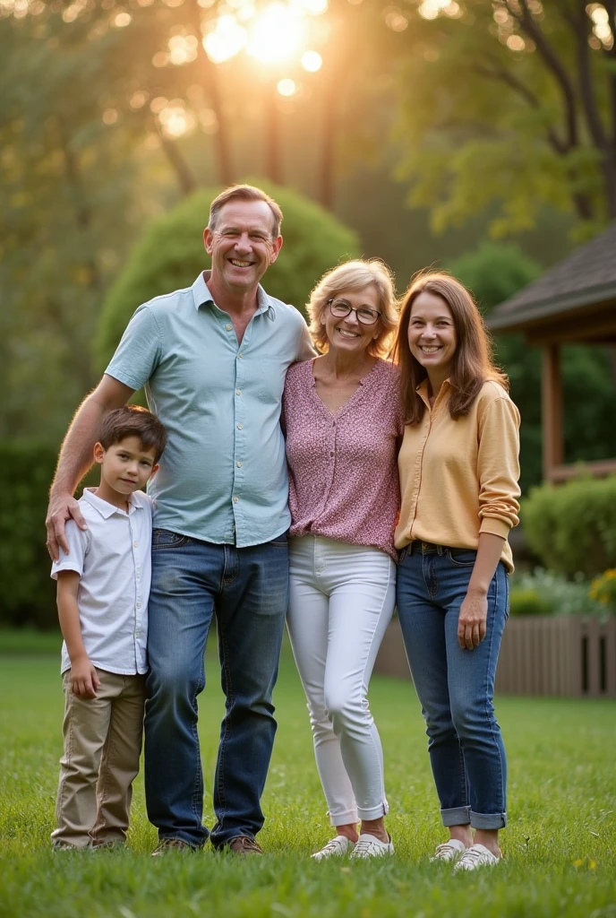 Four members of family standing in a garden with one son and daughter