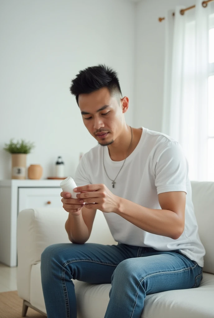 A 35-year-old Asian male, identified as LGBTQ, is sitting in a modern, minimalist living room. He is taking medication in a calm and composed manner. The room is styled predominantly in white tones, with soft, natural lighting. The environment is clean and minimal, featuring subtle LGBTQ symbols, such as a small pride flag or rainbow-themed accessories, integrated tastefully into the décor.
