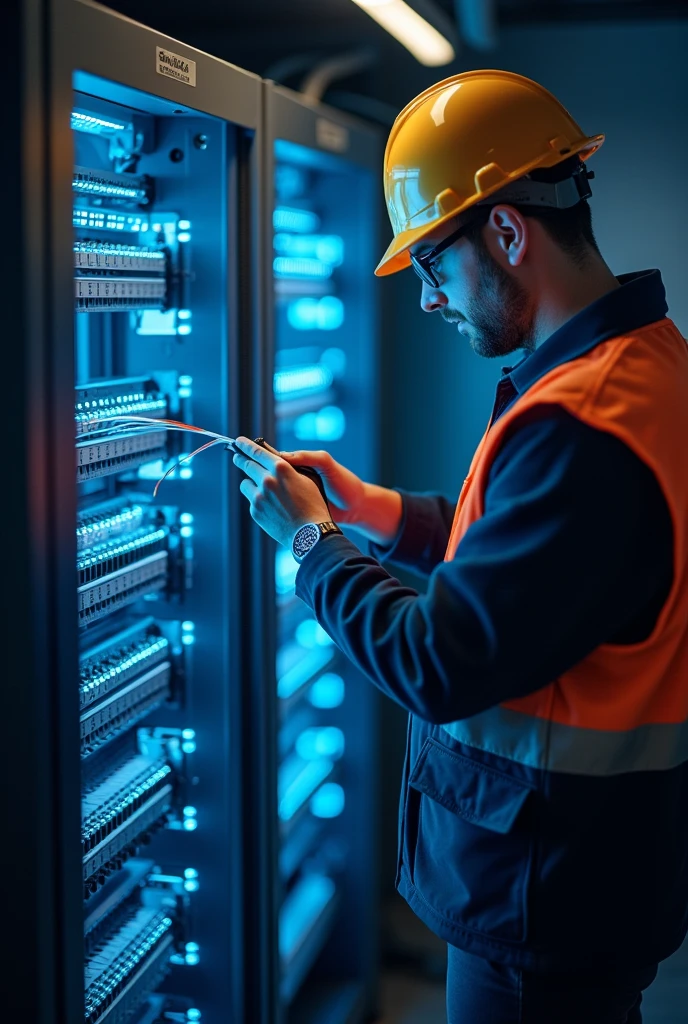 make a picture of a wifi technician connecting a fiber optic cable