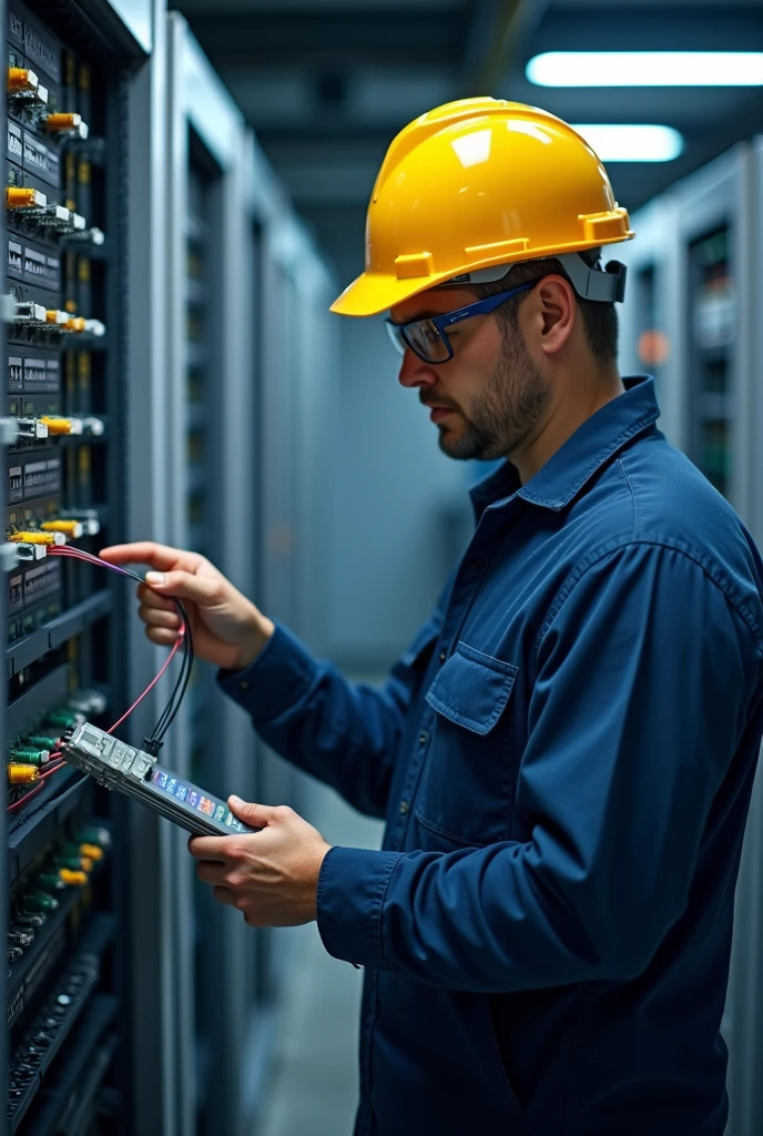 make a picture of a wifi technician connecting a fiber optic cable