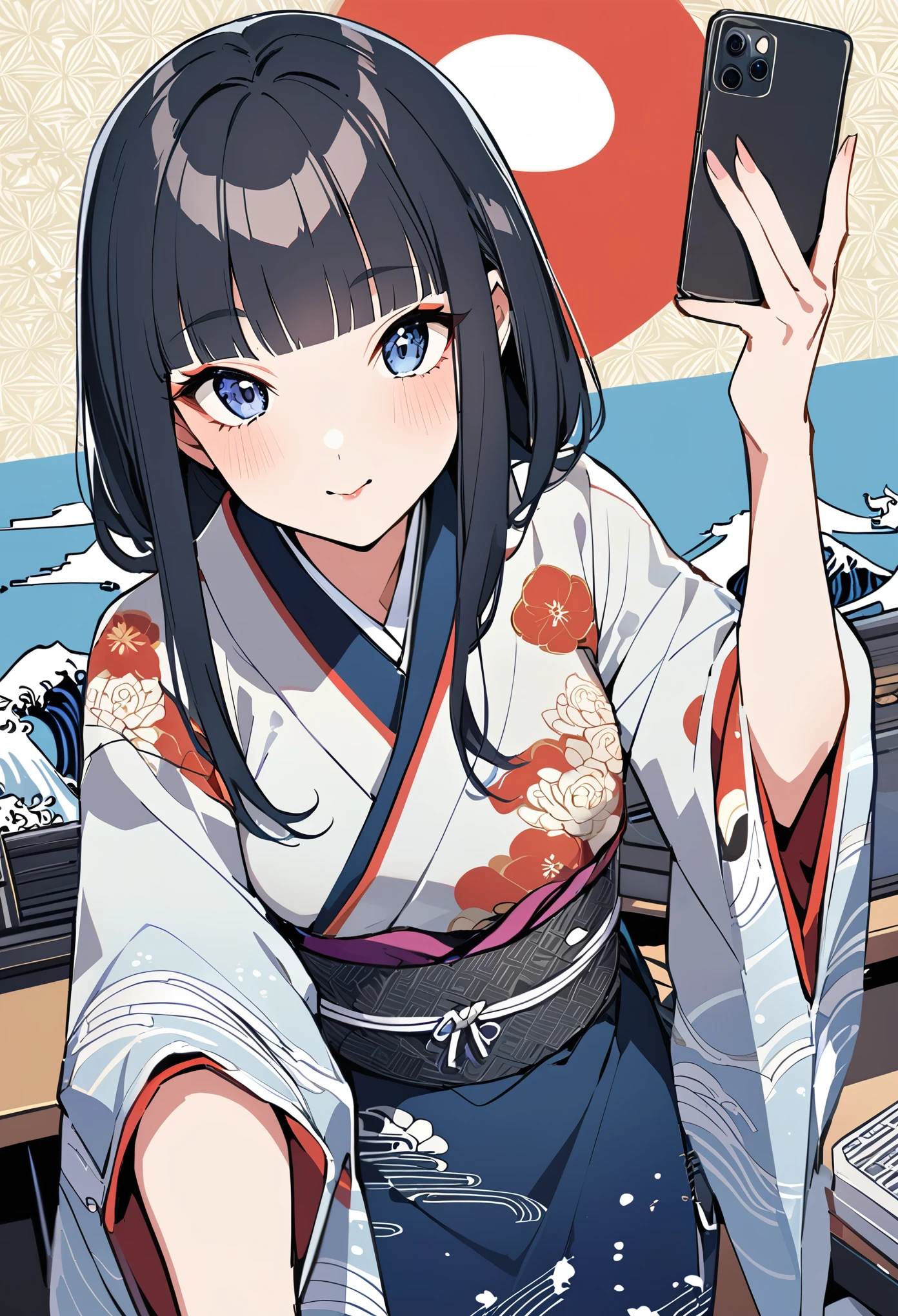 Selfie、Ukiyo-e、、Kimono dress,Black Hair、blunt bangs、, face, Modern design, 1 female,Sexy concept, Background blue sky、、computer、