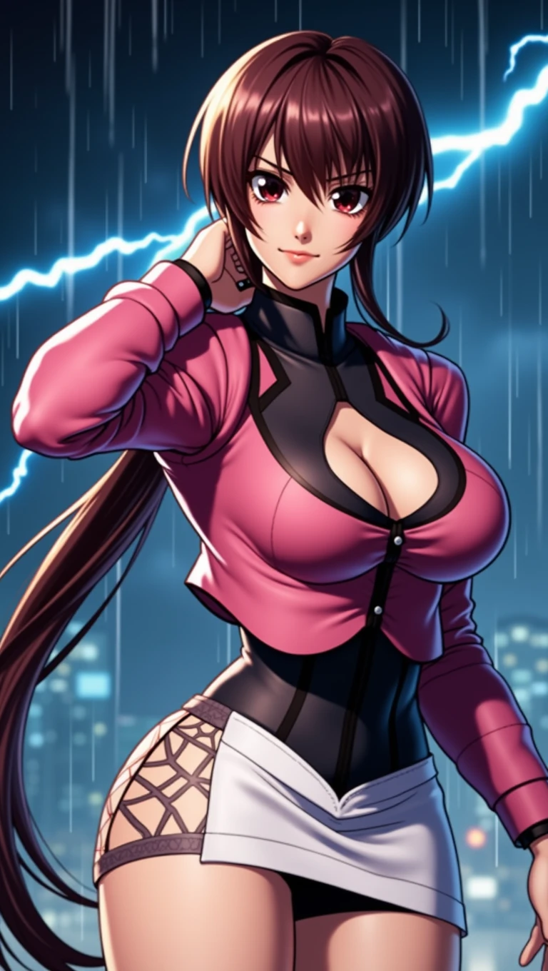 (at night), alone, in a video game scene a background of a beautiful city during the day raining, standing at attention, purple hair, lightning behind her, lightning coming out of her hand ((purple hair)), 1 girl, alone, 20 years old, young woman, perfect hands, beautiful and perfect fingers, long beautiful legs, perfect legs, beautiful body, beautiful nose, beautiful character design, perfect face, look at the viewer with a serious gesture and in a standing position attack (focusing on his face), closed mouth, Light_Smile, official art, extremely detailed CG unity 8k wallpaper, perfect lighting, bright and colorful front lighting, glowing skin (masterpiece: 1.0), (best_quality: 1.0), resolution ultra high, 4K, ultra detailed photography, 8K, HDR, high resolution, nonsense: 1.2, Kodak portra 400, film grain, blurred background, bokeh: 1.2, lens flare, (vibrant_color:1.2), professional photography, (beautiful_face : 1.5), (narrow waist),