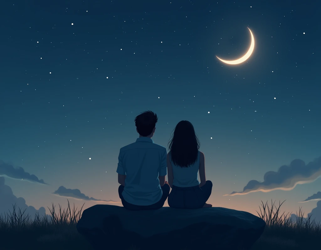 Man and woman looking at the stars and the crescent moon sitting on a stone without their faces being seen and being animated