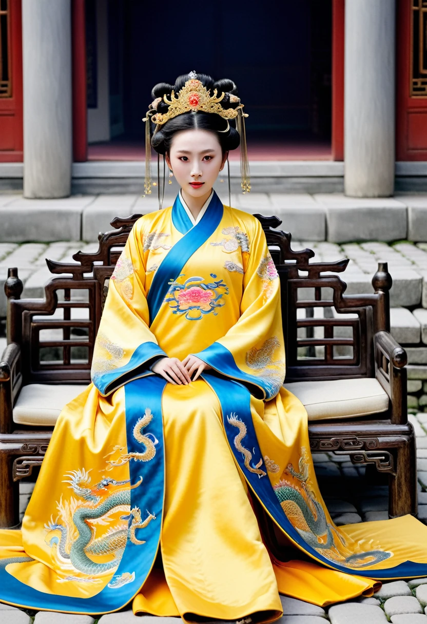 A gorgeous empress from the Chinese imperial court during the Qing Dynasty. A large yellow dragon embroidered sofa with the empress naked and with her legs spread apart. A gorgeous empress from the Chinese imperial court with her hair tied on both sides. She is wearing a crown.、The background where she is tying her hair is、Cobblestones outside the Qing Dynasty Palace
