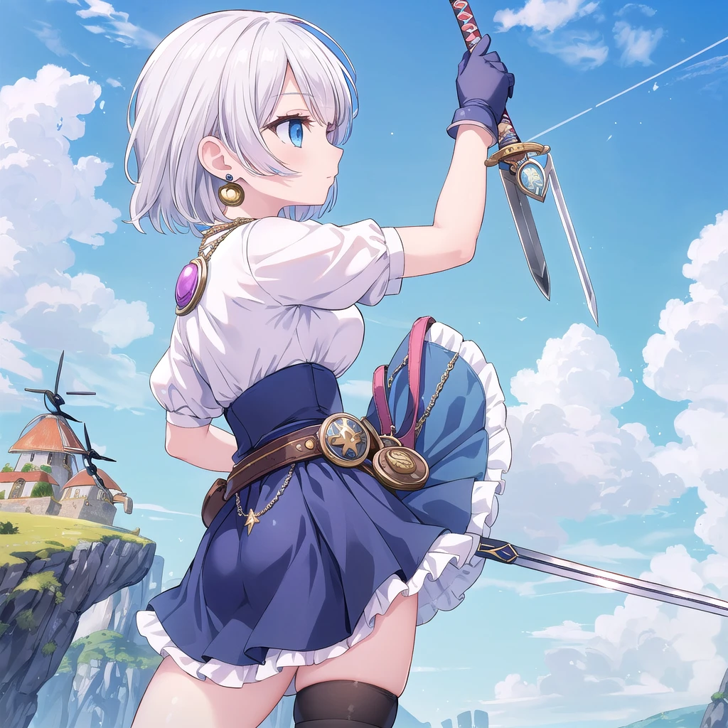 (masterpiece, best quality:1.1), thief (dq3), 1 Girl, Solitary, short hair, White hair, blue eyes, Medium breasts, Pink gloves, Jewelry, Pearl Necklace, earrings, belt, sword, Breastplate, Black tights, Bag, (coin, sword on hip:1.2), (Hook of Holland, Dynamic poses, from the side:1.3), (Blue sky, nature:1.2) 
