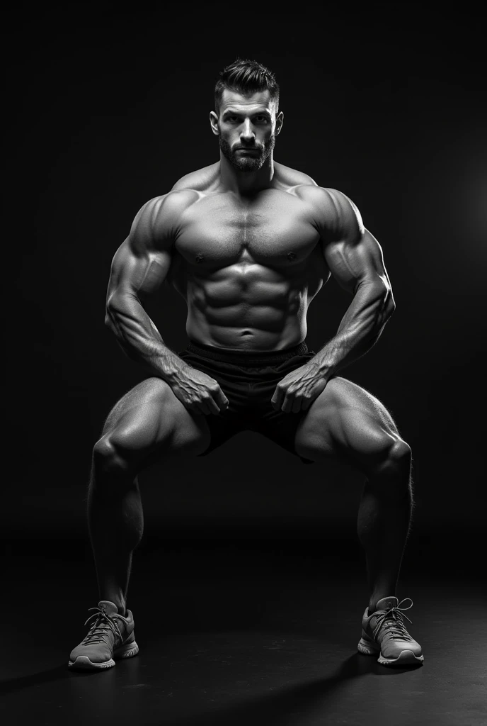 Strong man doing l-sit in black and white