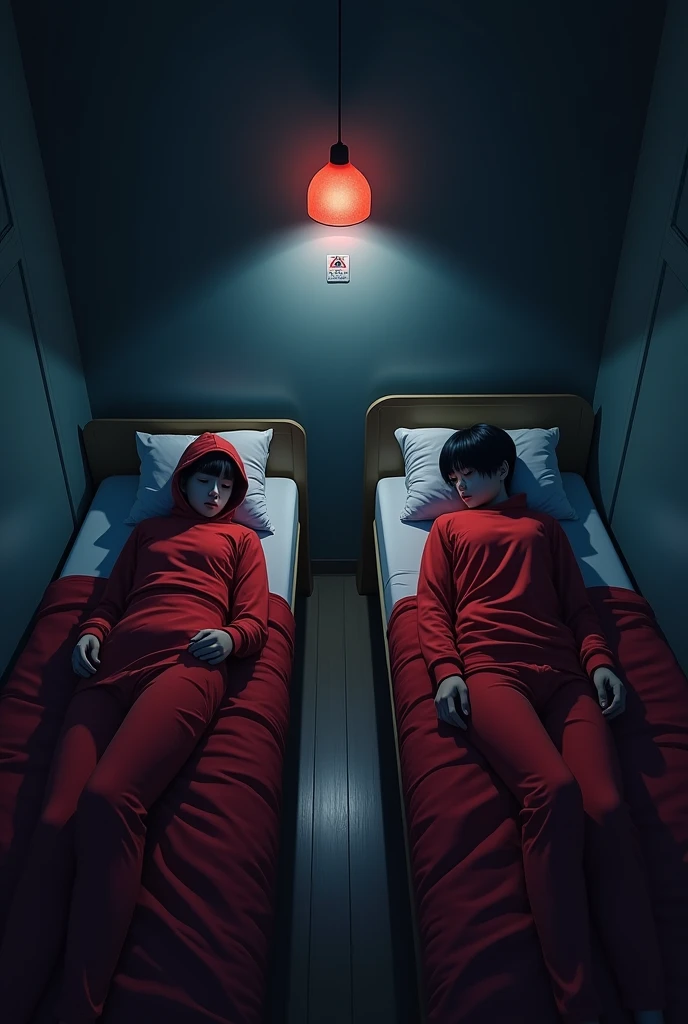 /imagine soon: Two exhausted actors lying on separate beds in a dark room at night , wearing red undercover clothing, with a dimly lit warning sign on the wall, ,32K, Best Quality, masterpiece, Super detail, High details, By Makoto Shinkai ,in the style of the star art group xing xing, --niji 5"