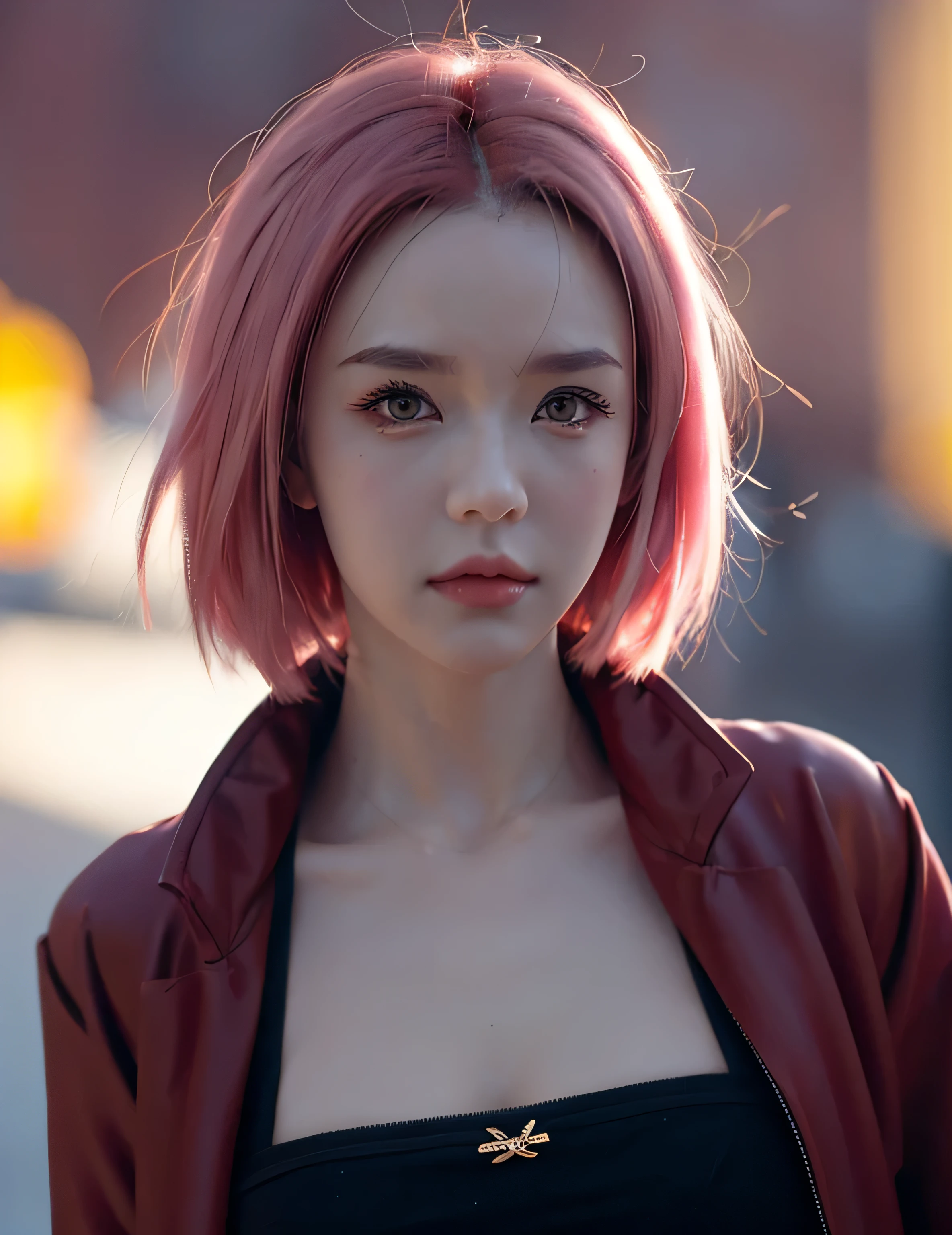 Sakura haruno, seductive, ((forehead to show)), attractive, sexy eyes, red coat, pink hair, delicate, young, short hair, detailed face, high definition, full body, from League of Legends, trend in artstation, by rhads, andreas rocha, rossdraws, makoto shinkai, laurie greasley, lois van baarle, ilya kuvshinov and greg rutkowski, normal breast, wlop art style