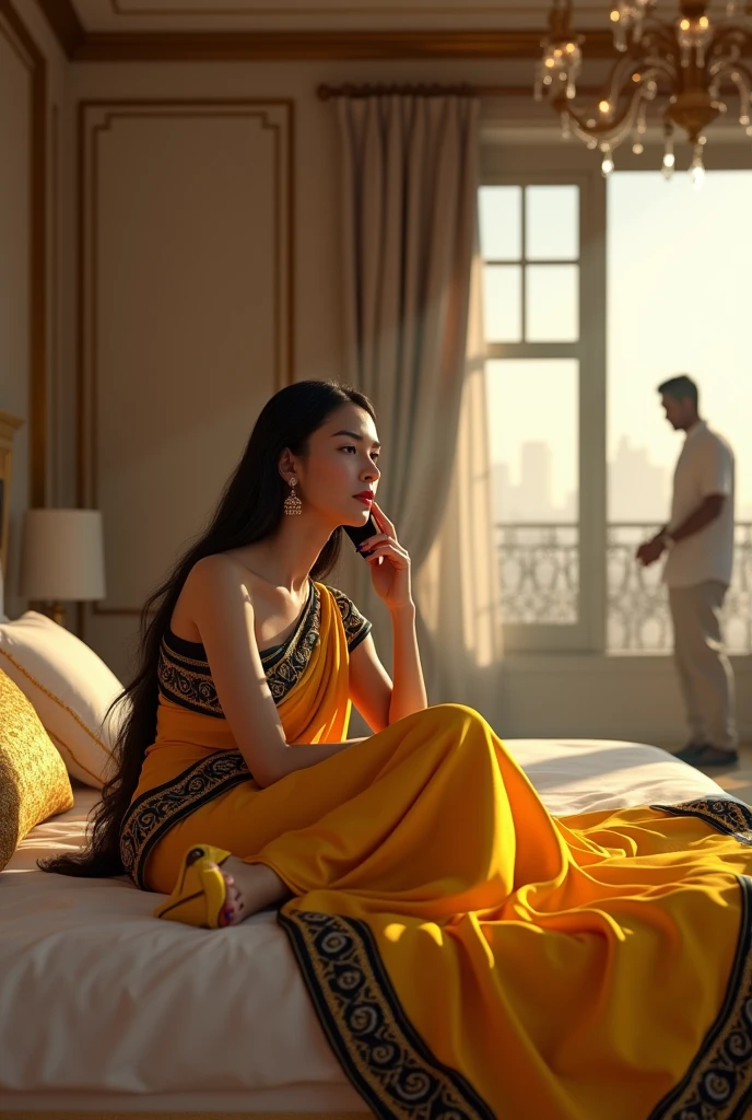 Create a 3D realistic image of a 25-year-old girl in a beautiful bedroom, wearing a stunning yellow and black sari, lying on the bed in beautiful yellow high heels, talking on her phone. When a man is cleaning the room."
