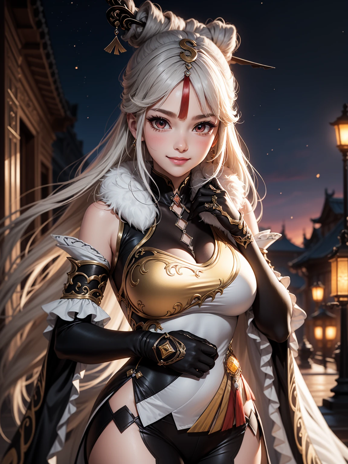 Masterpiece, high quality, 8k,detailed body, ultra detailed, detailed face, standing, blush, bright eye, outdoors, (detail face), ningguangdef, (gigantic breasts),(night), half body, smile,