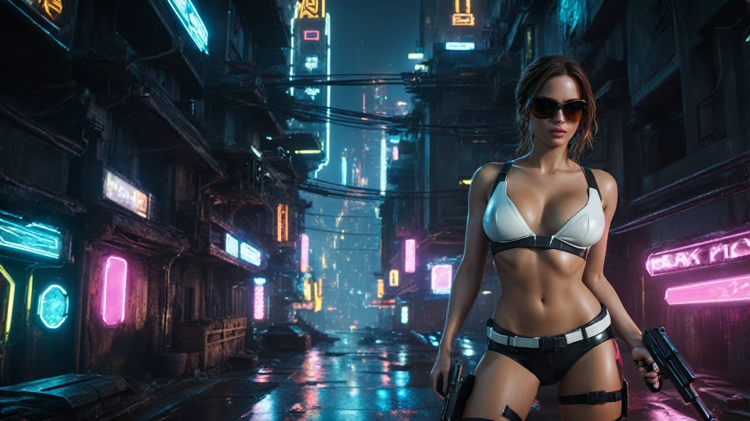 (aerial view, a flying cars docking platform, flying cars, a very dark abandoned futuristic city, neon lights), at night. A girl as Lara Croft, solo, alone, large-:1.2 slim body, cleavasexy miniskirtblack sunglasses), (holding a pistol:1.8), dynamic pose, half-body thigh level medium shot, cinematic lighting, ray tracing.