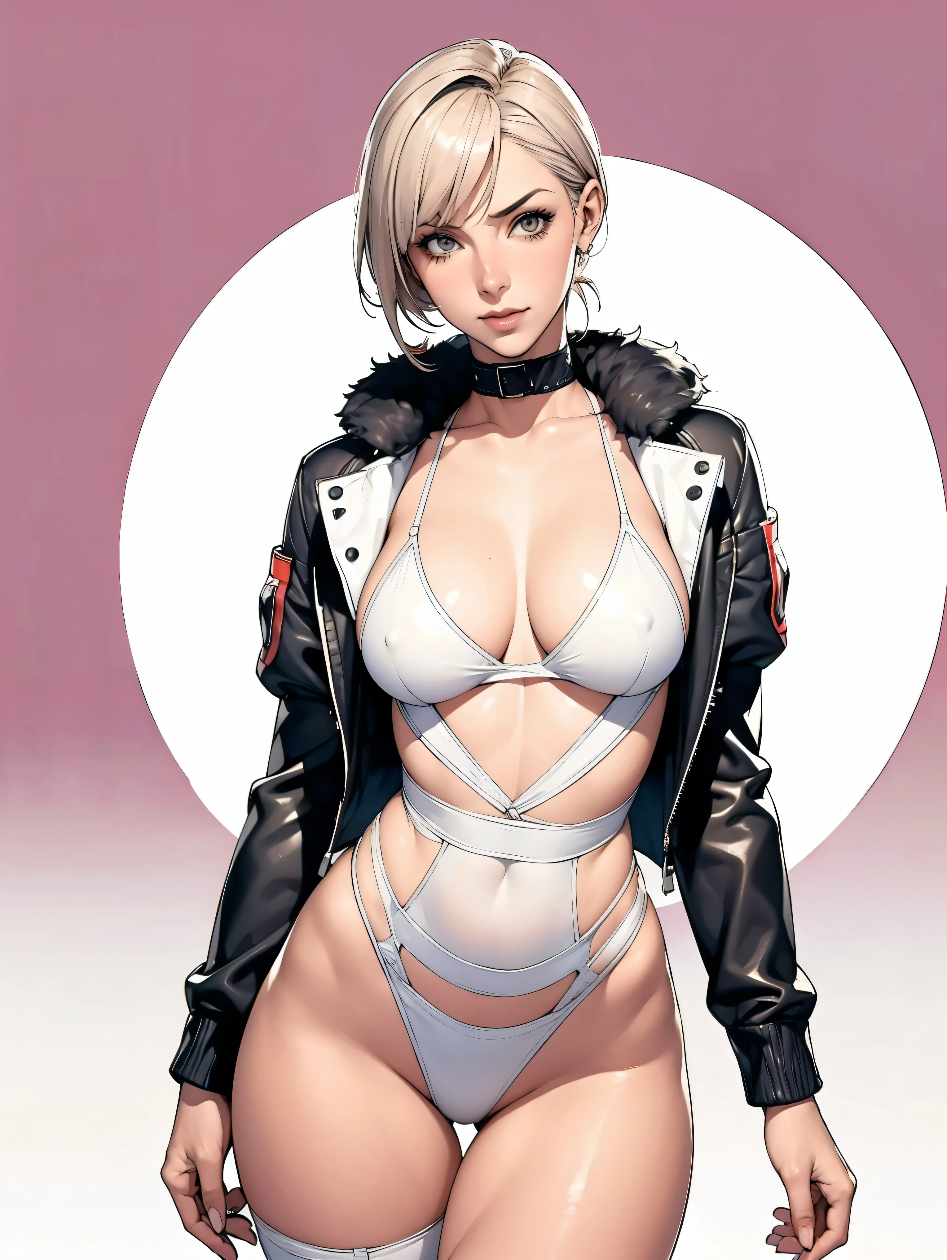 (((Annie Lennox))), (((colorful suit))), (scars), (((bandaged arms))), (((colorful clothes))) (( hood)), (((best quality: 1.4))), (Unbeatable masterpiece), (hyper HD),(CG 8k hyper-realistic), beautiful face, (((breasts big))), (((hyper feminine))), sexly girl, ((round face)), black tattoo,(ultra short red hair with white highlights)), ((( sculptural body ))), (((1 Kizi))), Kizi tatuada de 25 anos com perfect body,,Beautiful and well-groomed face, (round face), muscular body:1.2,solid color detailed jacket, (Head to thigh photos), Complex equipment, ,Tight clothes,With white stars and off-white stripes,,,,,Armor Metal Electronic Parts, Poison tattoos ) INFO, Kizi, (((standing alone))), , 24歳, sexy, pose de attitude, work of art, dancing, ((slight smile)), post-apocalypse, (((manga style))), bounty hunter, the way you want, perfect body, roupa moderna, advanced technology, white, yellow accent, black, red accent, fur collar jacket, sleeves with vertical striped pattern, background city, (( cowboy shot )). intricate visual, narrow waist, (((wide hips))), wide hips, fit thighs, (((thigh gap))), Thigh gap, background shows a futuristic airplane, open expression, expression happy