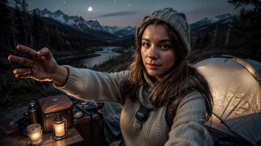 1 woman ((upper body selfie, happy)), masterpiece, best quality, ultra-detailed, solo, outdoors, (night), mountains, nature, (stars, moon) cheerful, happy, backpack, sleeping bag, camping stove, water bottle, mountain boots, gloves, sweater, hat, flashlight, forest, rocks, river, wood, smoke, shadows, contrast, clear sky, analog style (look at viewer:1.2) (skin texture) (film grain:1.3), (warm hue, warm tone:1.2), close up, cinematic light, sidelighting, ultra high res, best shadow, RAW, upper body, wearing pullover