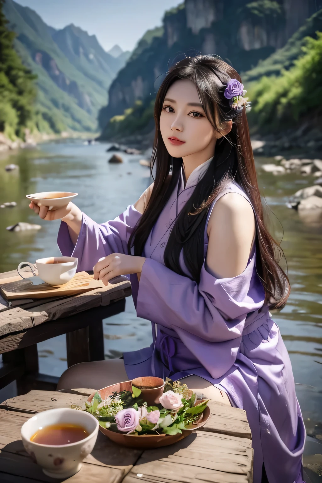 9 purple roses,Qixi Valentine's Day,Drink Wuyi Rock Tea,Kung Fu tea、Outdoor Still Life,Between Mountains and Rivers,Realistic style