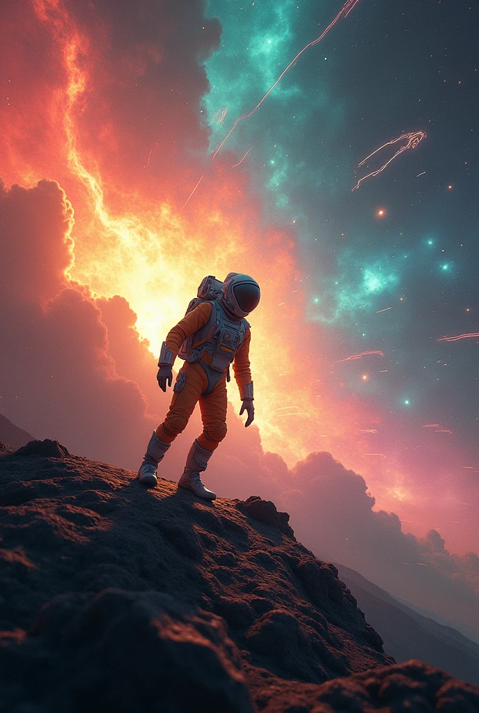 An alien wearing the most advanced technology of alien spaceship in the dark universe, a unique alien alien, dressed in an orange-studded, high-tech spacesuit, is depicted wandering in a vibrantly hued space environment. A profusion of colors from red to blue, and green to violet, embody the cosmic spectacle around the space traveler. An ethereal mix of hues is noticed as a gigantic supernova bursts, unleashing colossal energy in the background. This sublime celestial event with incandescent filaments and pulsating radiances illuminates the wonders of the infinite universe, casting a spectacular light across the panorama. This mesmerizing view celebrates the awe-inspiring beauty and mystery of space.