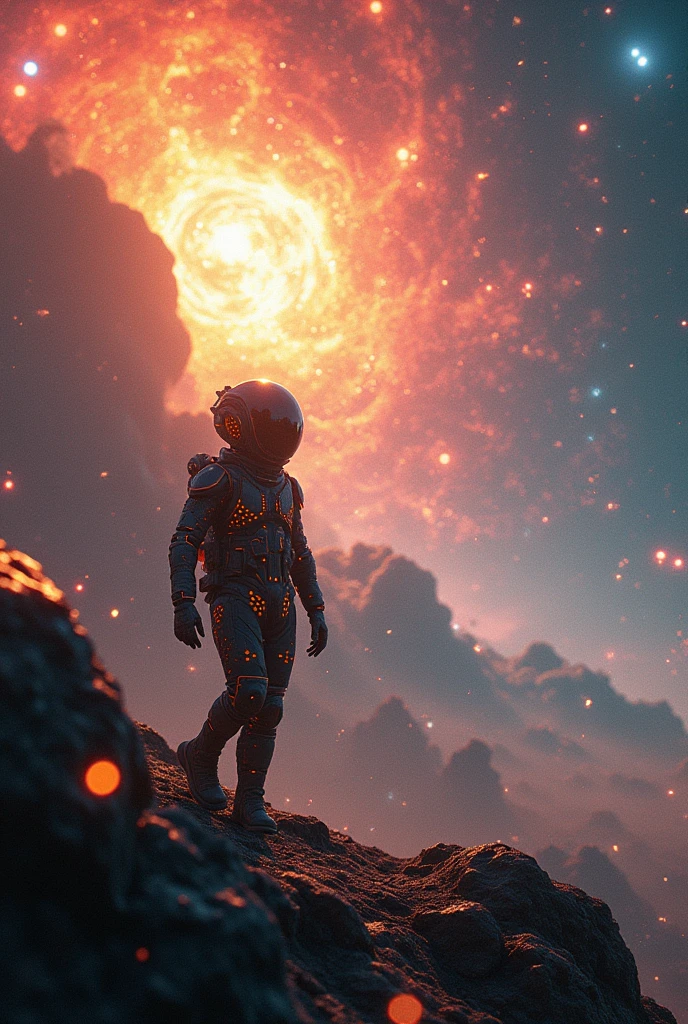 An alien wearing the most advanced technology of alien spaceship in the dark universe, a unique alien alien, dressed in an orange-studded, high-tech spacesuit, is depicted wandering in a vibrantly hued space environment. A profusion of colors from red to blue, and green to violet, embody the cosmic spectacle around the space traveler. An ethereal mix of hues is noticed as a gigantic supernova bursts, unleashing colossal energy in the background. This sublime celestial event with incandescent filaments and pulsating radiances illuminates the wonders of the infinite universe, casting a spectacular light across the panorama. This mesmerizing view celebrates the awe-inspiring beauty and mystery of space.