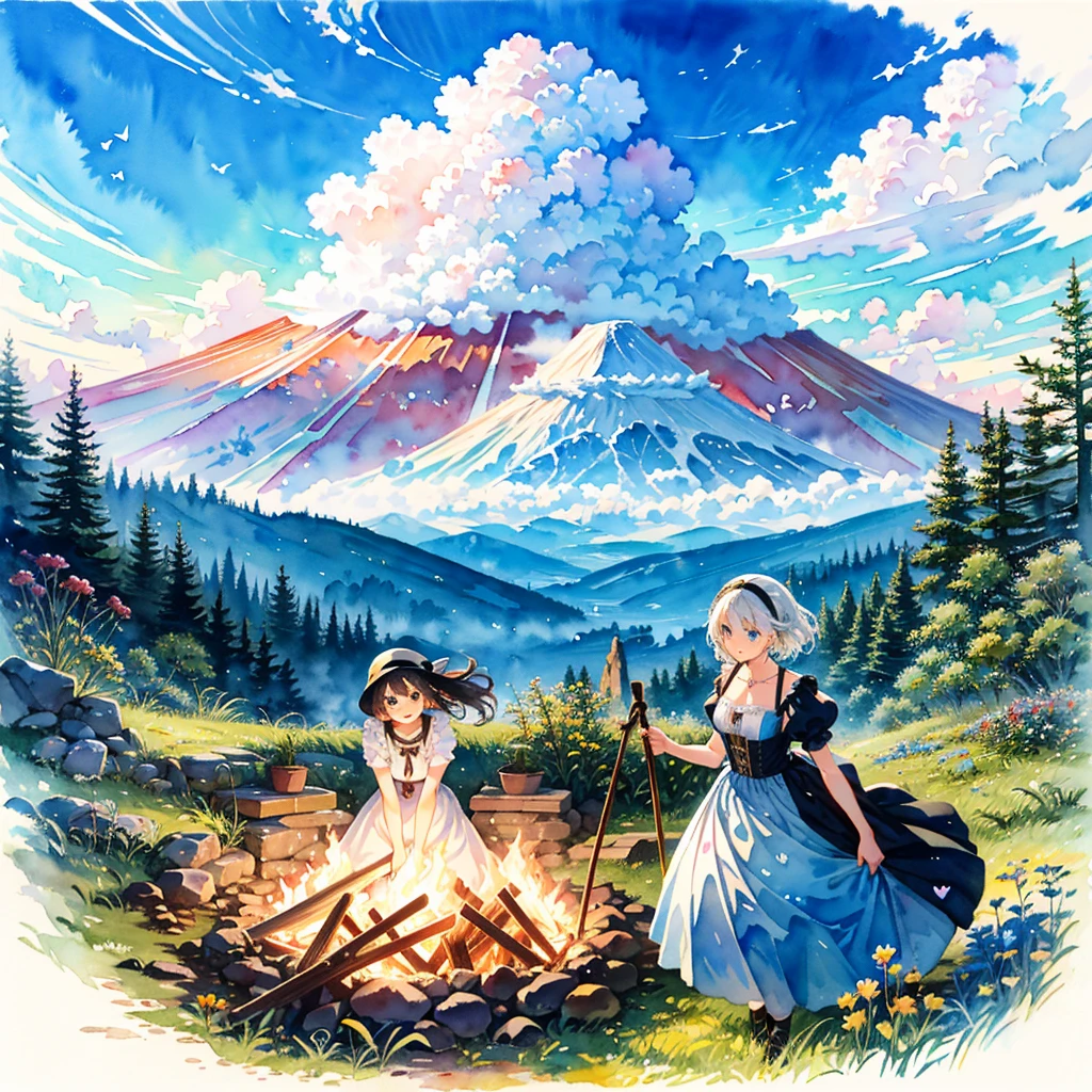Heartful love style, two girls, premonition of love, Alice in Wonderland costume, two women, shoulders, cleavage, big smiles, fun jumps, dark fantasy, faraway travel, lots of luggage, Highly anticipated fun trip, zombie eyes, big guillotine, strong wind blowing, artistic, memorable masterpiece, moment of history, hell bonfire, volcano, plume, future world, peeping cat, from above, (watercolor: 1.3), delicate, detail, masterpiece, (colorful) illustration, cute doodle, Pre-Raphaelite, rubric aphorism,