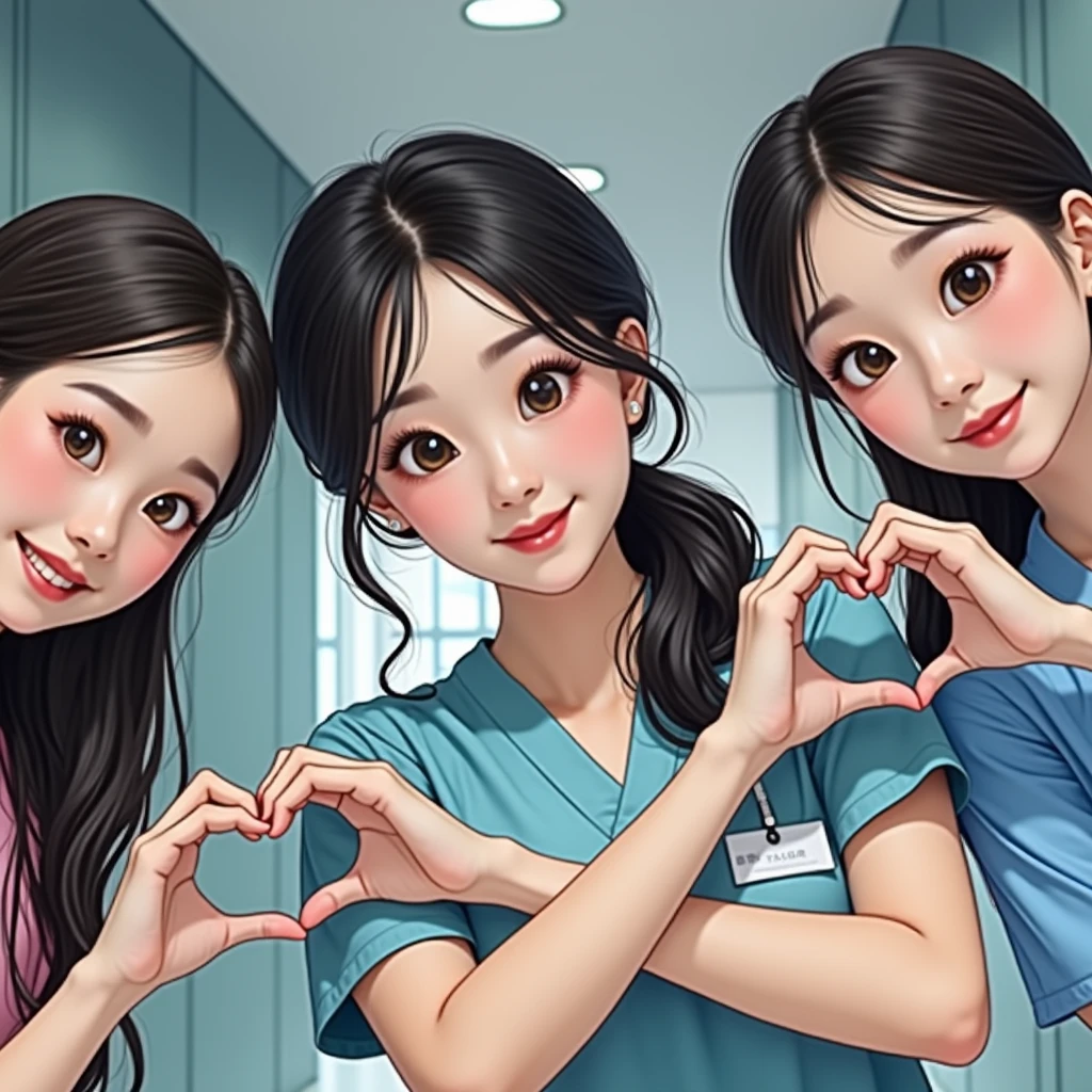 photograph, three smiling beautiful Korean female nurses wearing pink scrubs making heart shape with hands, beautiful detailed face, black hair, pale skin, fair skin, realistic skin, detailed cloth texture, detailed hair texture, Perfect proportion, Beautiful Face, accurate, Anatomically correct, Highly detailed face and skin texture , looking at viewer , modern hospital building, perfect anatomy