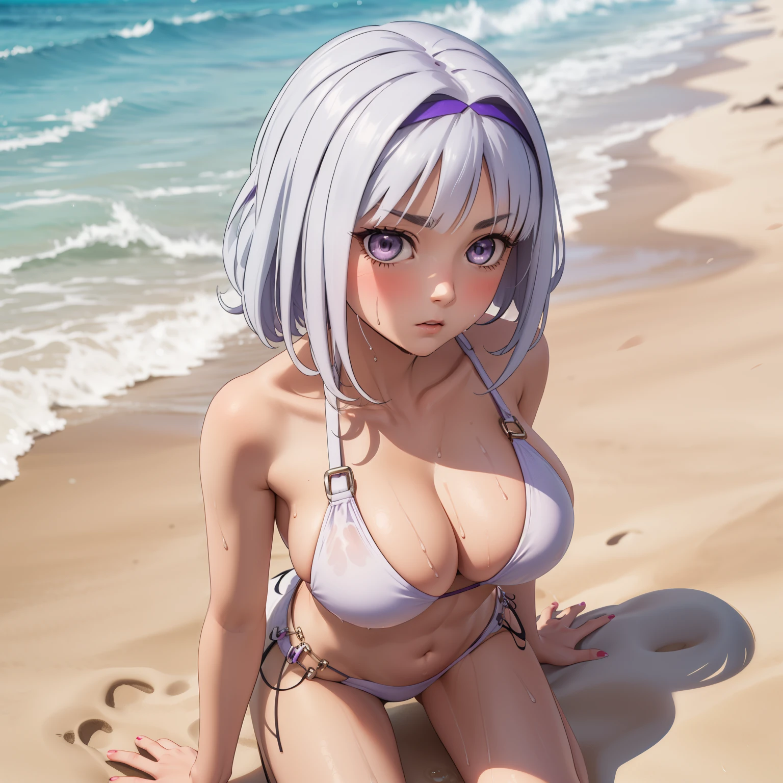 30 year old woman, mature face, silver hair , a purple date in her head, silver eyes,  expressionless look, blush, big breasts, purple and white bikini, background a sunny beach. silver hair, bikini. full body image, wet body