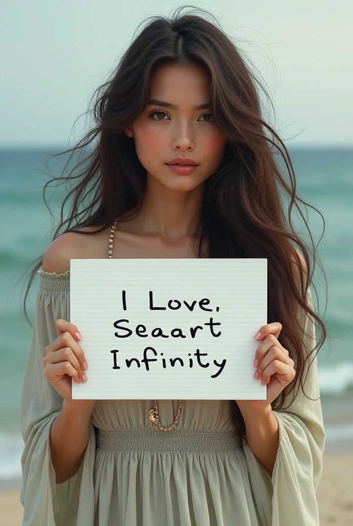 Beautiful girl with wavy long hair, bohemian dress, holding a white board with text "I Love Seaart Infinity" and showing it to the viewer