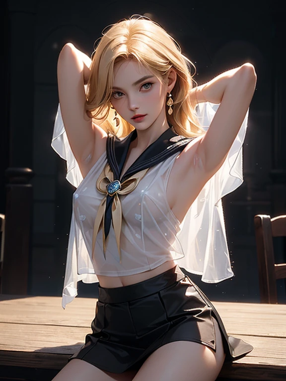 On the table, best quality, high quality, HD, High quality textures, High quality shadows, High Detail, Exquisite and detailed, Meticulous attention to detail, Extremely detailed CG, Detailed texture, Realistic expression of the face, Practical, rich and colorful, Beautifully, Movie Lighting, Ray Tracing, Clear focus, (Intricate details, cosmetic, Pure face_v1:0.5), (Delicate and beautiful face, Delicate, beautiful eyes, Perfectly proportioned face, High Detail皮肤, Delicate skin, The best ratio of four fingers and one thumb, (((Topless))), (Large Breasts), (((cleveage))), ((Smooth texture, Practical texture, Reality)), Detailed beautiful eyes, Beautiful eyelashes, Emerald eyes, (((Medium long blonde hair))), 1 female, at Poolside, (((Kneel down))), (((Transparent Sailor Shirt, sleeveless, Open front end))), (((Umbilical cord ))), (((see-through miniskirt))), (Pretty Face, Cute face, Delicate face), Poolside, (Cowboy shooting), (((Put your arms behind your head,Show your armpits))), (((Sunlight))), Perfect Eyes Eyes,