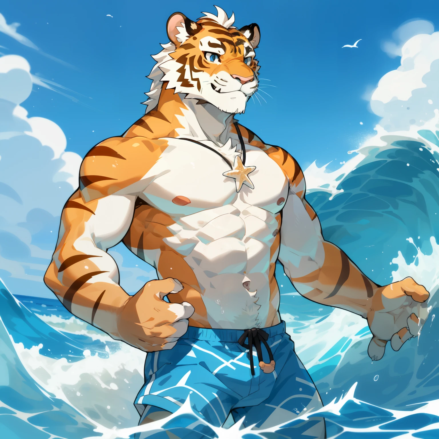 male, Furry tiger, charming, rich, Head only, rich, solitary,White fur,,front Photo,Casual wear,Smile,Zoom in on facial details,Strong body,Avatar size,beach,一人站在Waves中,Waves,Water Splash,shell,Swim rings around your waist
