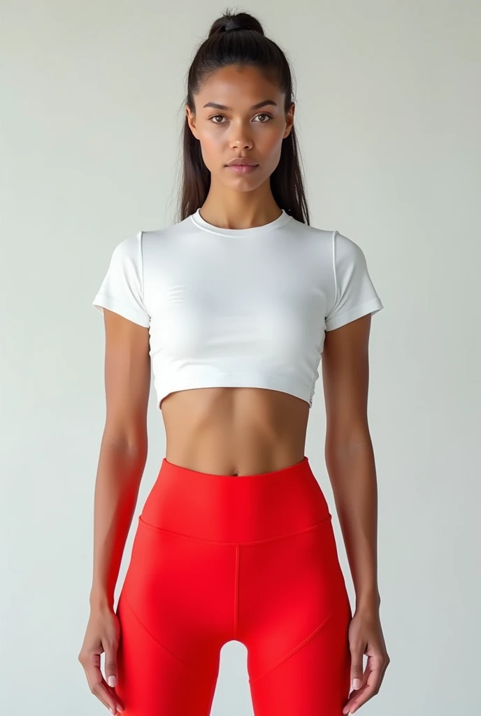 Medium-sized woman in sportswear with red leggings and a white shirt 