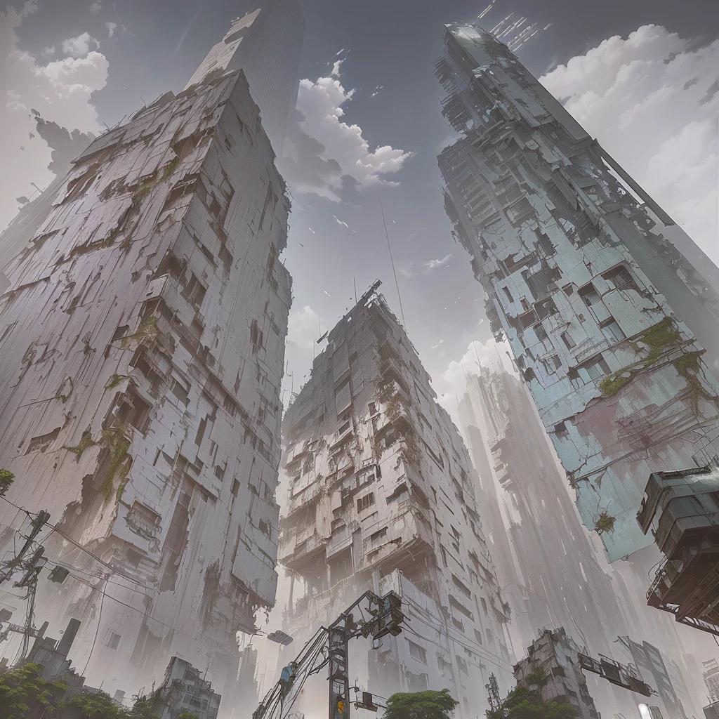 There are many tall buildings in the city., digital Concept Art of dystopian, in a Dilapidated cityscape, Dilapidated cityscape, abandoned flying future city, too much growth. by Makoto Shinkai, an abandoned dystopian city, Structural cityscape, outdoors Dilapidated cityscape, Apocalyptic future city, Post-apocalyptic. Makoto Shinkai, Matte Painting Comic Art, Concept Art ， Highly rendered