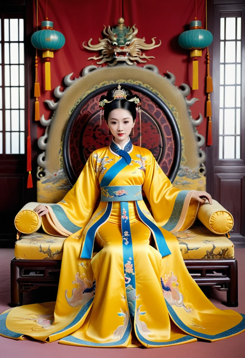 A gorgeous empress from the Chinese imperial court during the Qing dynasty. A gorgeous empress from the Chinese imperial court during the Qing dynasty. A gorgeous empress sits naked on a yellow dragon embroidered sofa with her legs spread apart. A gorgeous Chinese imperial court empress with her hair tied on both sides. She is wearing a crown.、The background where she is tying her hair is、A luxurious palace for an empress in the Chinese imperial court during the Qing Dynasty