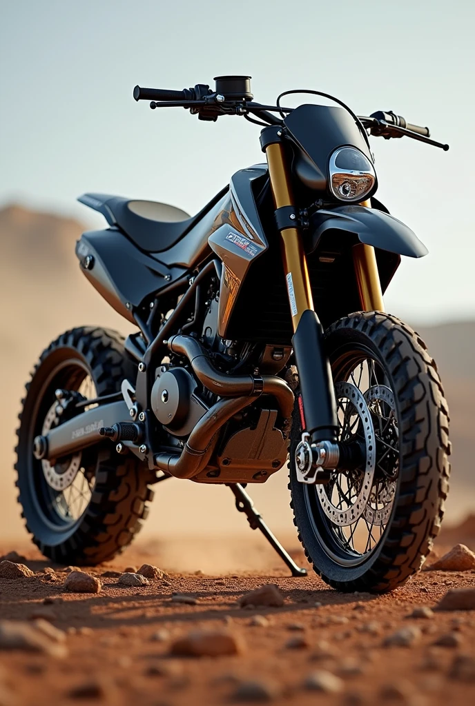 Create an enduro motorcycle with a 250cc chassis, and that it has the 700cc engine, make it noticeable that it is a 700cc engine
(Make the bike face forward)