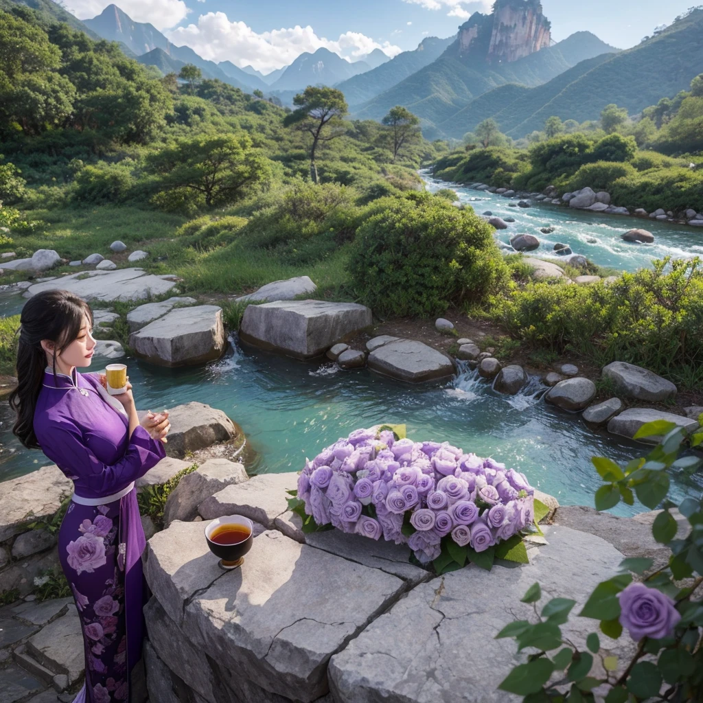 9 purple roses，Qixi Valentine's Day，Drink Wuyi Rock Tea，Kung Fu tea、Outdoor Still Life，Between Mountains and Rivers，Realistic style