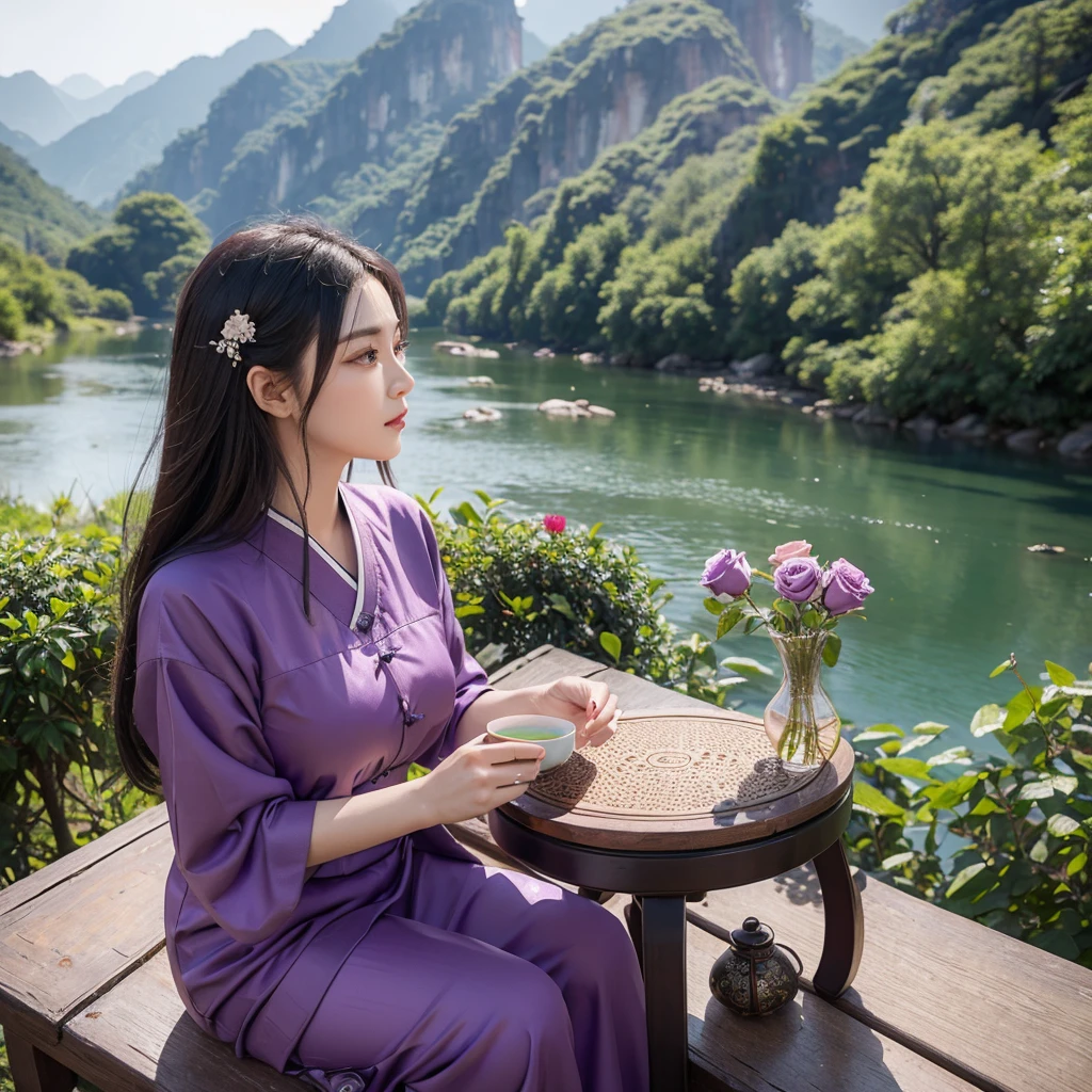 9 purple roses,Qixi Valentine's Day,Drink Wuyi Rock Tea,Kung Fu tea、Outdoor Still Life,Between Mountains and Rivers,Realistic style